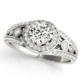 Platinum Round Halo Split Shank Diamond Ring with Four-Prong Setting