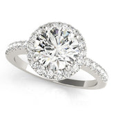 Platinum Round Halo Diamond Engagement Ring with Pavé Band and Four-Prong Setting
