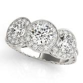 Platinum Three-Stone Round Halo Diamond Milgrain Band with Four-Prong Setting