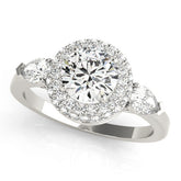 Platinum Round Halo Three-Stone Diamond Ring with Pear Side Stones and Four-Prong Setting