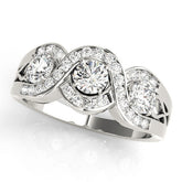 Platinum Three-Stone Round Diamond Wave Pave Band with Prong Setting