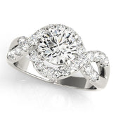 Platinum Round Cut Diamond Halo Twist Band with Four-Prong Setting