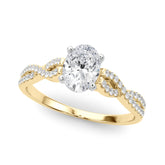 Yellow gold Oval Solitaire Twisted Pave Diamond Engagement Ring with Four-Prong Setting