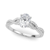 White gold Oval Solitaire Twisted Pave Diamond Engagement Ring with Four-Prong Setting