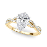 Yellow gold Pear Solitaire Twisted Pave Diamond Engagement Ring with Four-Prong Setting