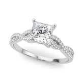 Platinum Princess Solitaire Twisted Pave Diamond Engagement Ring with Four-Prong Setting