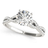 Platinum Round Solitaire Twisted Pave Diamond Engagement Ring with Four-Prong Setting