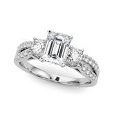 Platinum Radiant Three-Stone Diamond Ring with Pavé Split Shank and Four-Prong Setting