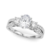 Platinum Oval Three-Stone Diamond Ring with Pavé Split Shank and Four-Prong Setting