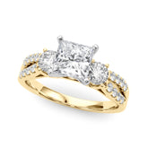 Yellow gold Princess Three-Stone Diamond Ring with Pavé Split Shank and Four-Prong Setting