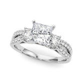 Platinum Princess Three-Stone Diamond Ring with Pavé Split Shank and Four-Prong Setting