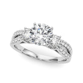 Platinum Round Three-Stone Diamond Ring with Pavé Split Shank and Four-Prong Setting