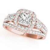 Rose gold Halo Princess Cut Split Shank Diamond Ring with Four-Prong Setting