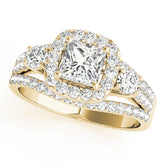 Yellow gold Halo Princess Cut Split Shank Diamond Ring with Four-Prong Setting