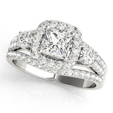 White gold Halo Princess Cut Split Shank Diamond Ring with Four-Prong Setting