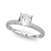 Platinum Cushion Solitaire with Pave Band and Four-Prong Setting