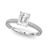 White gold Emerald Solitaire with Pave Band and Four-Prong Setting