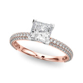Rose gold Princess Solitaire with Pave Band and Four-Prong Setting