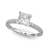 White gold Princess Solitaire with Pave Band and Four-Prong Setting