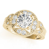 Yellow gold Round Halo Milgrain Diamond Engagement Ring with Leaf Band and Four-Prong Setting
