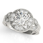 Platinum Round Halo Milgrain Diamond Engagement Ring with Leaf Band and Four-Prong Setting
