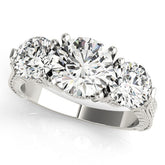 Platinum Three-Stone Round Cut Milgrain Band Prong Setting Ring