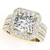 Yellow gold Cushion-Cut Halo Diamond Ring with Split Shank and Four-Prong Setting