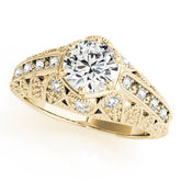 Yellow gold Round Brilliant Milgrain Pave Split Shank Hexagon Prong Setting Ring