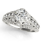 Platinum Round Brilliant Milgrain Pave Split Shank Hexagon Prong Setting Ring