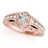 Rose gold Hexagon Bezel Round Diamond Milgrain Split Shank Ring