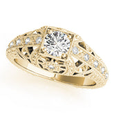 Yellow gold Round Brilliant Milgrain Filigree Diamond Ring with Square Prong Setting