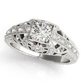 White gold Round Brilliant Milgrain Filigree Diamond Ring with Square Prong Setting