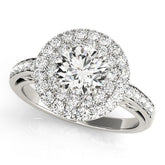 Platinum Double Halo Round Diamond Pave Band Prong Setting Ring