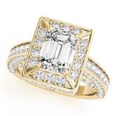 Yellow gold Emerald Cut Halo Pave Split Shank Prong Setting Ring