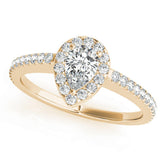 Yellow gold Pear Halo Diamond Engagement Ring with Pavé Band and Prong Setting