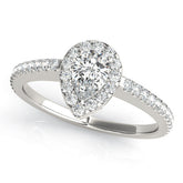 White gold Pear Halo Diamond Engagement Ring with Pavé Band and Prong Setting