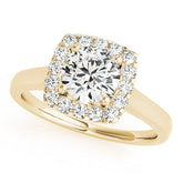 Yellow gold Cushion Halo Round Diamond Solitaire Ring with Pavé Band and Four-Prong Setting