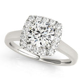 White gold Cushion Halo Round Diamond Solitaire Ring with Pavé Band and Four-Prong Setting