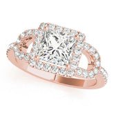 Rose gold Princess Cut Halo Split Shank Diamond Ring with Four-Prong Setting