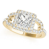 Yellow gold Princess Cut Halo Split Shank Diamond Ring with Four-Prong Setting