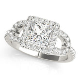 White gold Princess Cut Halo Split Shank Diamond Ring with Four-Prong Setting