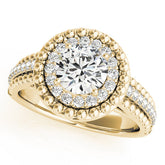 Yellow gold Round Halo Diamond Ring with Beaded Split Shank and Four-Prong Setting