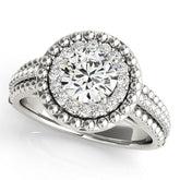 White gold Round Halo Diamond Ring with Beaded Split Shank and Four-Prong Setting