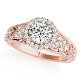 Rose gold Round Halo Diamond Vintage Split Shank Ring with Milgrain Edge
