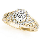 Yellow gold Round Halo Diamond Vintage Split Shank Ring with Milgrain Edge