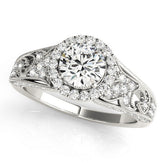 White gold Round Halo Diamond Vintage Split Shank Ring with Milgrain Edge