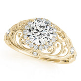 Yellow gold Round Halo Filigree Solitaire Diamond Ring with Milgrain Detailing