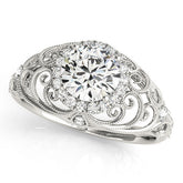 White gold Round Halo Filigree Solitaire Diamond Ring with Milgrain Detailing