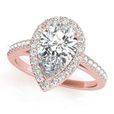Rose gold Pear Halo Diamond Ring with Pavé Band and Three-Prong Setting