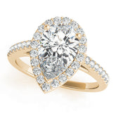 Yellow gold Pear Halo Diamond Ring with Pavé Band and Three-Prong Setting